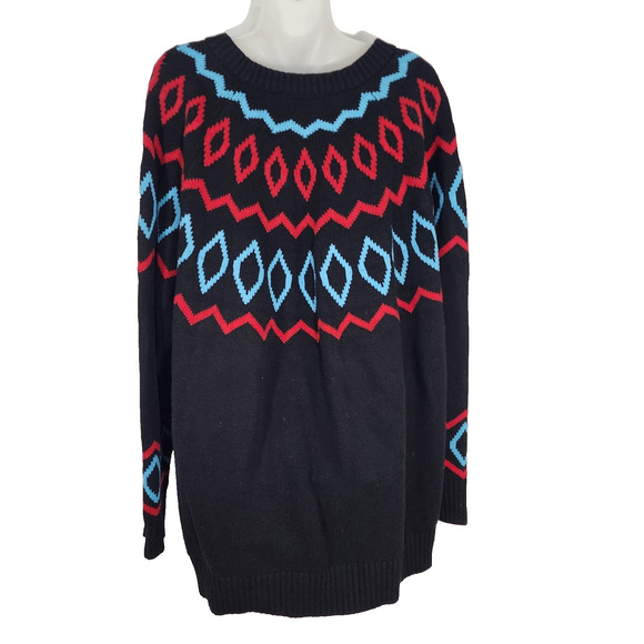 Lane Bryant Sweater Womens 22/24 Black Blue Red Fair Isle Jacquard Knit Crewneck - Picture 2 of 11